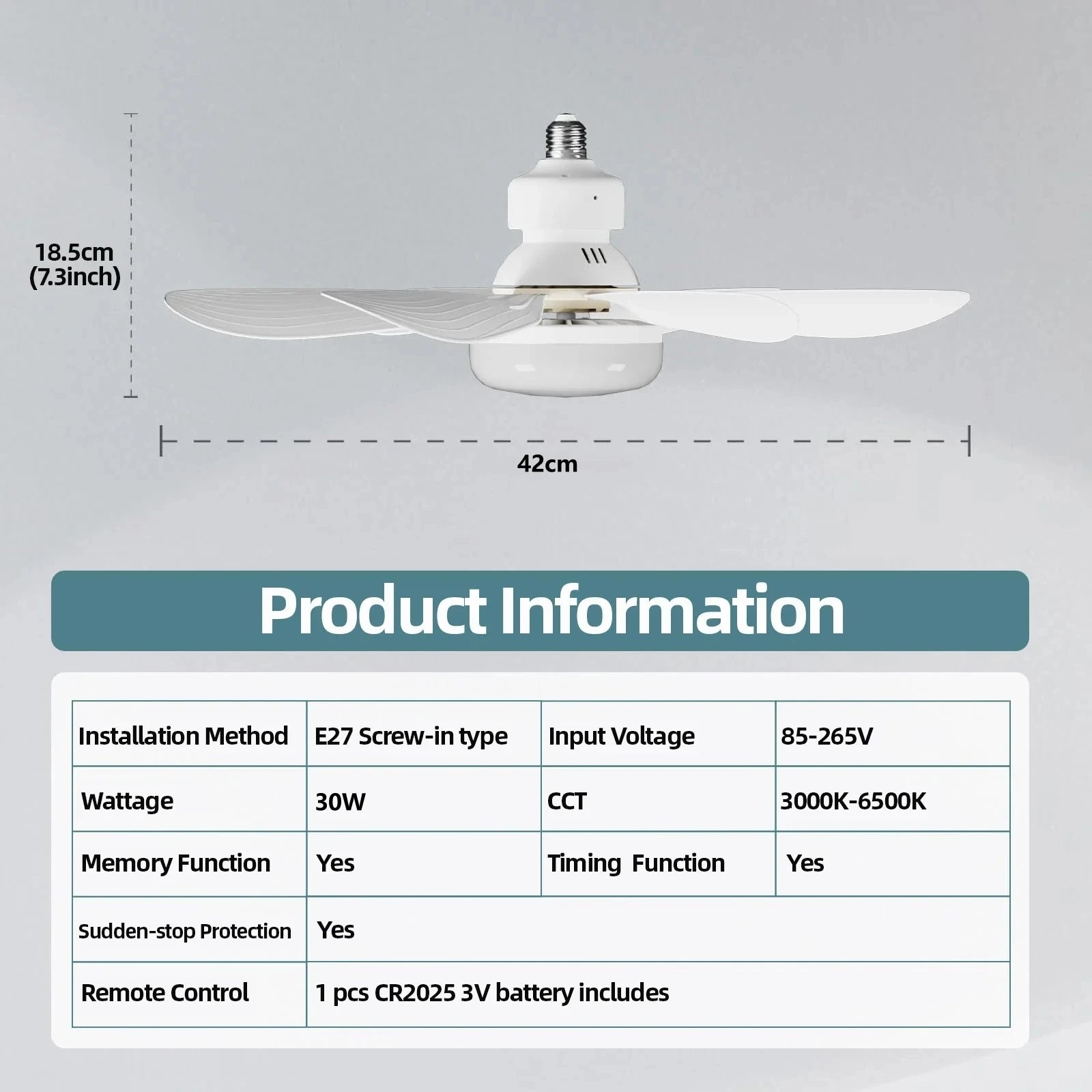 Ventilador de techo con Control remoto, luz LED E27 de 30W, atenuador para sala de estar, sala de estudio y uso doméstico, voltaje de bombilla 85-265V