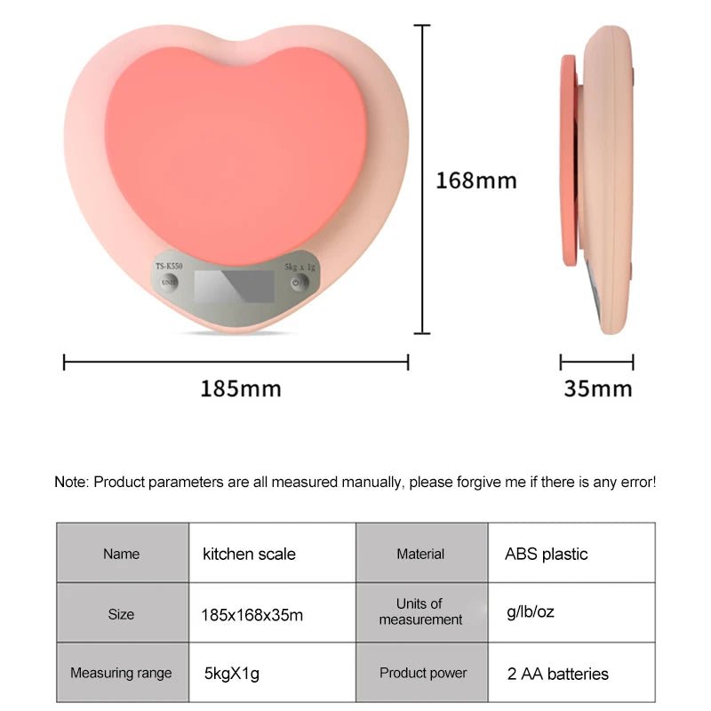 Báscula Digital multifunción de alta precisión, balanza electrónica LCD, portátil, en forma de corazón, rosa, 5kg/1g, 2kg/0,1g