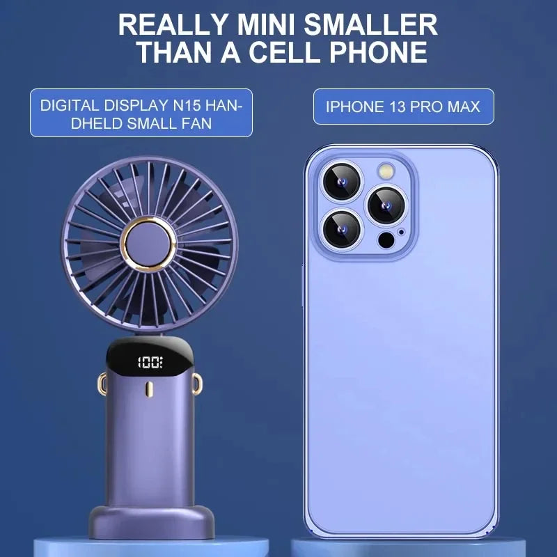 Miniventilador portátil plegable para colgar en el cuello, ventilador recargable por USB de 5 velocidades con soporte para teléfono y pantalla de visualización, 1800mAh