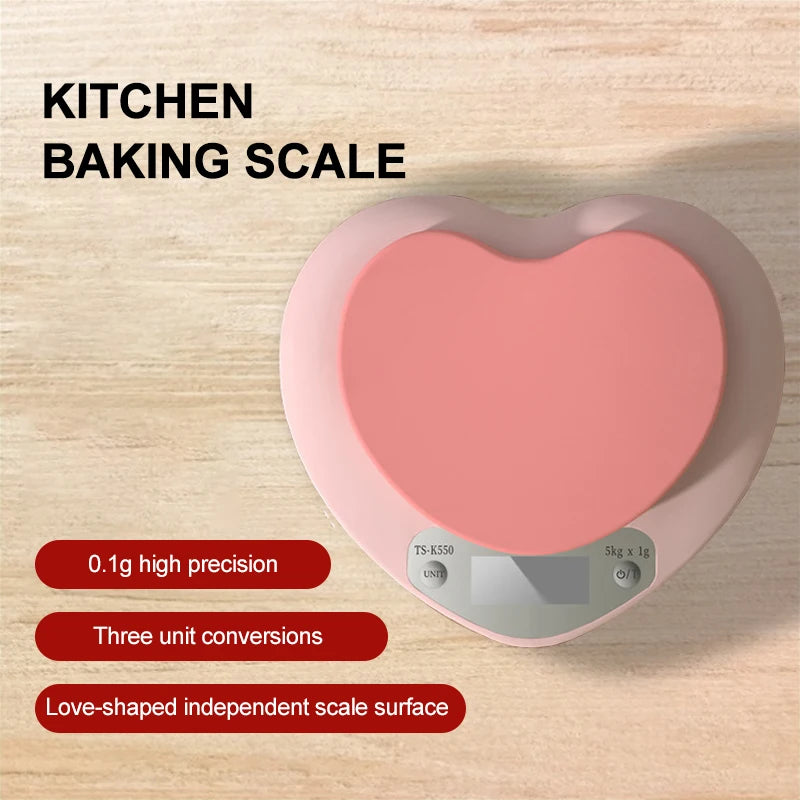 Báscula Digital multifunción de alta precisión, balanza electrónica LCD, portátil, en forma de corazón, rosa, 5kg/1g, 2kg/0,1g