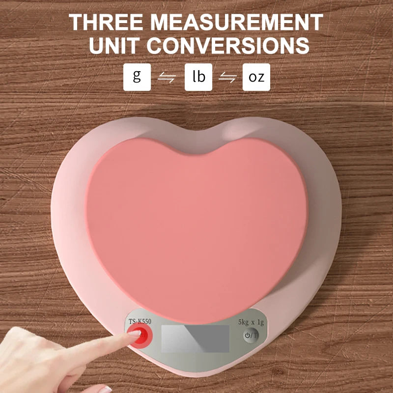 Báscula Digital multifunción de alta precisión, balanza electrónica LCD, portátil, en forma de corazón, rosa, 5kg/1g, 2kg/0,1g